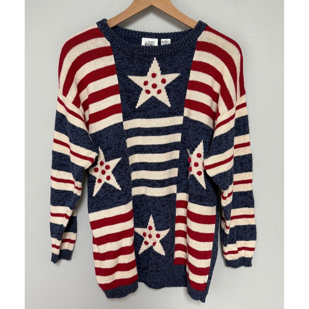 Vintage Maxwell Jason Americana Stars Stripes Sweater Red‎ White Blue Pom Pom L